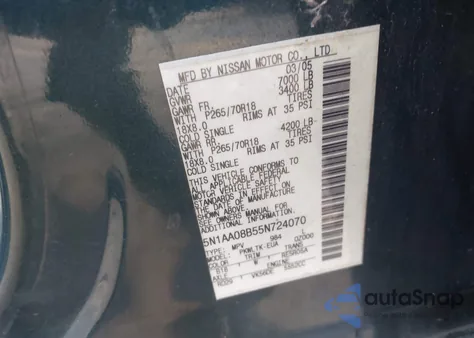 2005 Nissan Armada Se z USA, uszkodzony, nr VIN 5N1AA08B55N724070